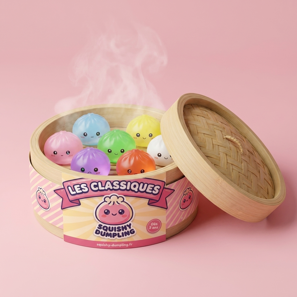 Mini Dumpling Squishy Sucré dans sa boîte panier vapeur bambou