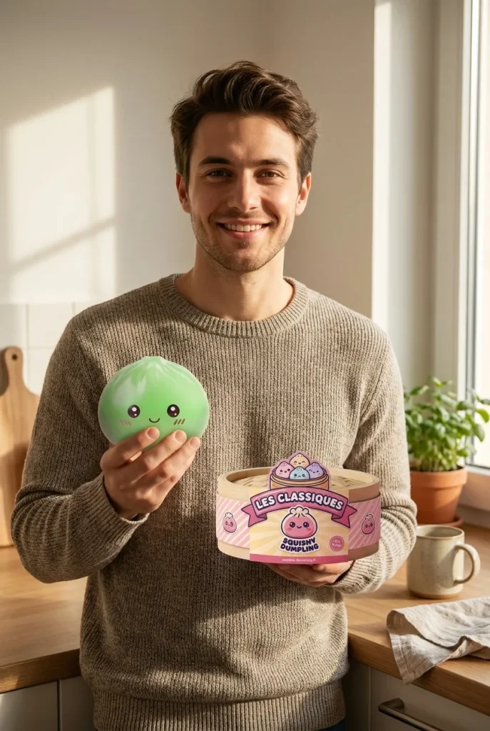 Mini Dumpling Squishy Sucré présenté avec sa boîte panier vapeur — photo client