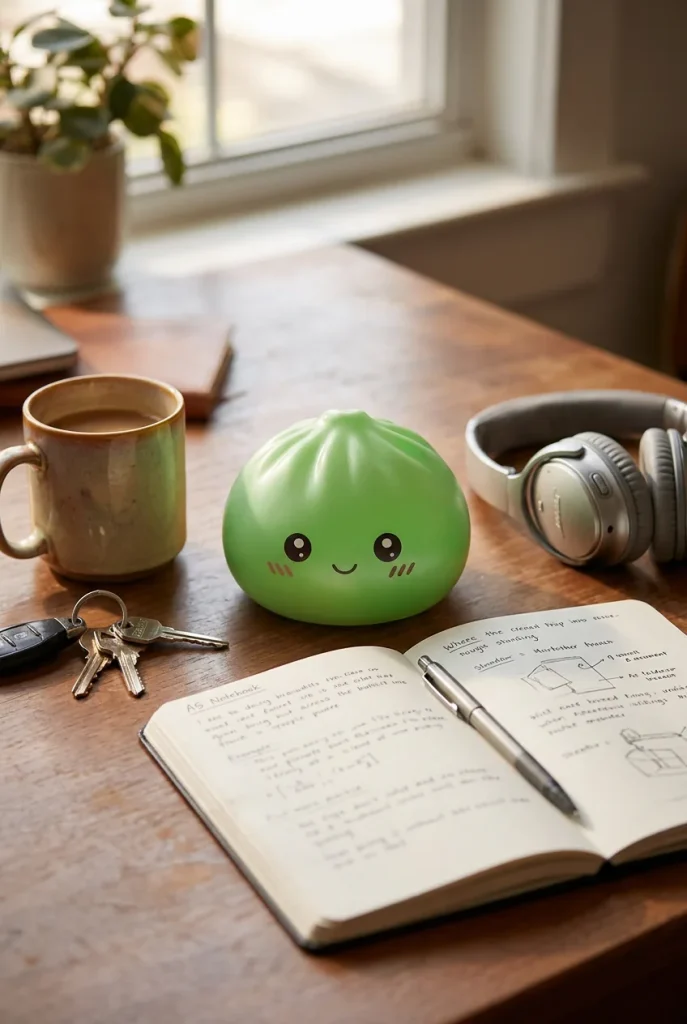 Mini Dumpling Squishy Sucré posé sur un bureau, dans le quotidien