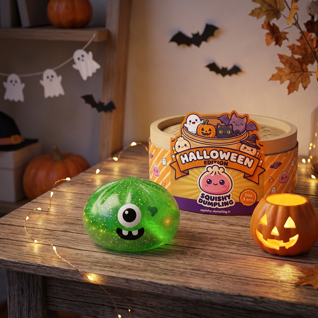 Squishy Dumpling Monstre Vert Halloween Glitter en ambiance sur un bureau