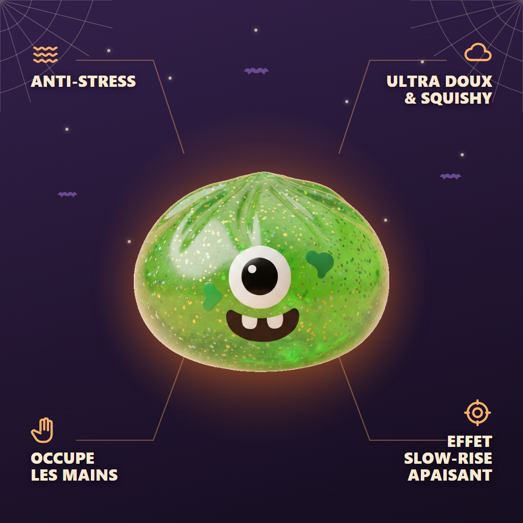 Squishy Dumpling Monstre Vert Halloween Glitter — anti-stress, ultra doux, effet slow-rise