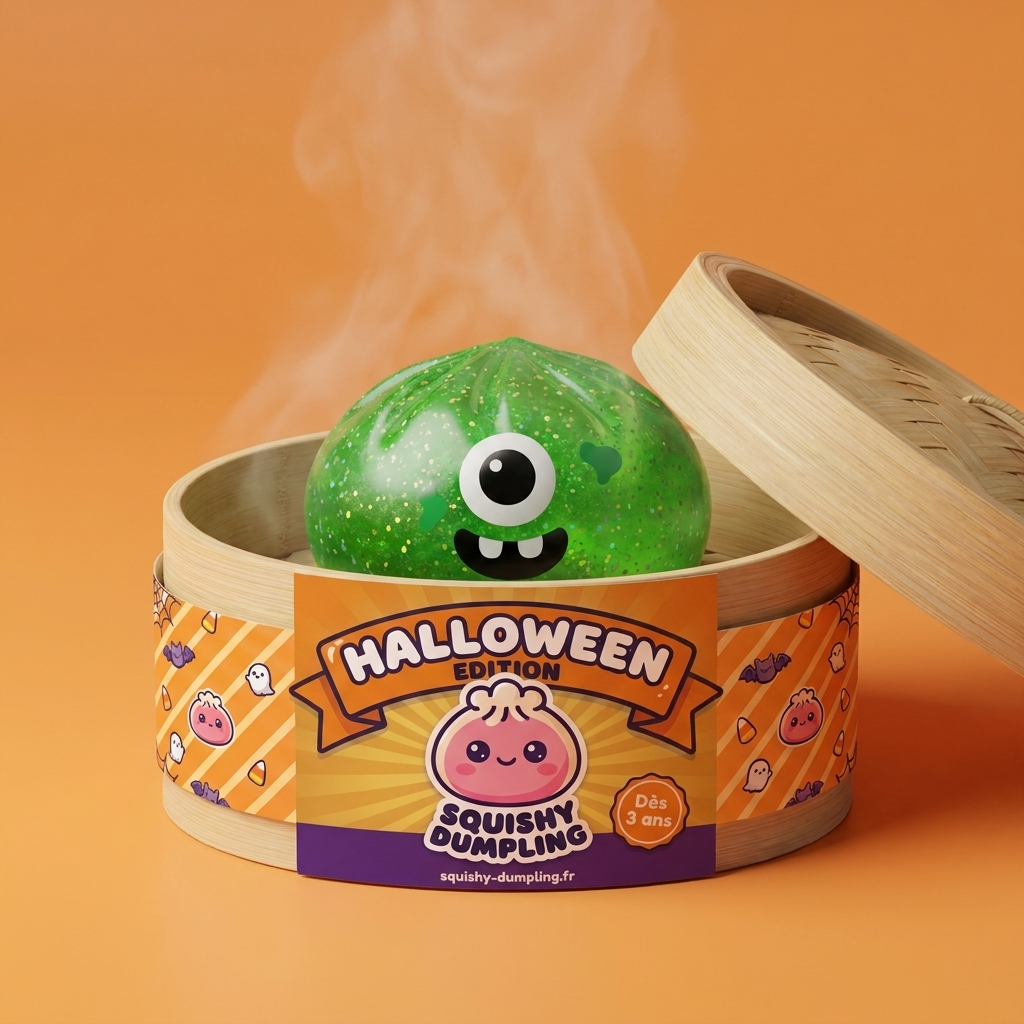 Squishy Dumpling Monstre Vert Halloween Glitter dans sa boîte panier vapeur façon bambou