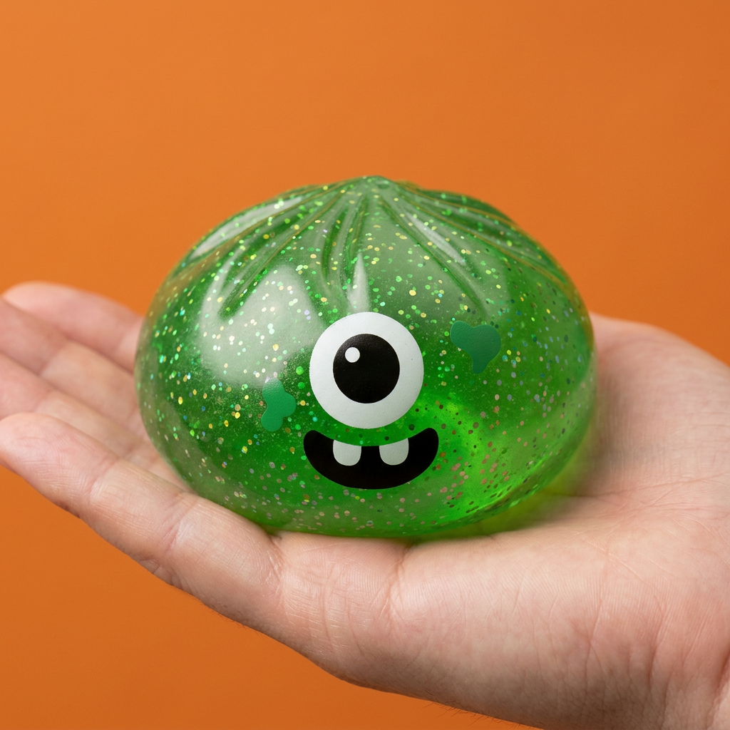 Squishy Dumpling Monstre Vert Halloween Glitter tenu en main, taille réelle
