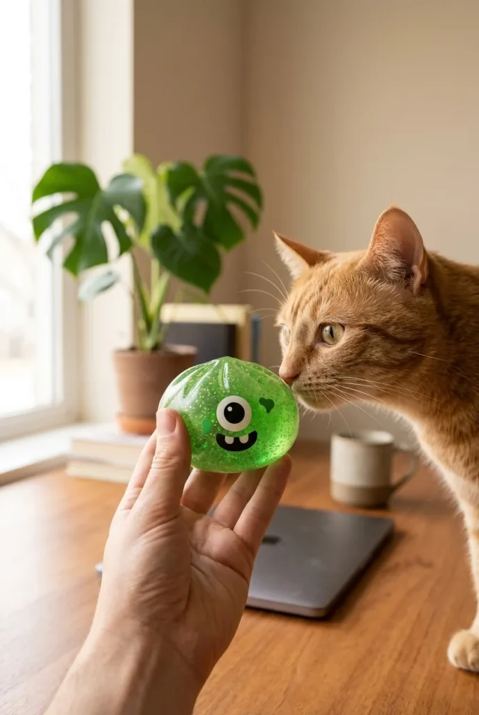 Squishy Dumpling Monstre Vert Halloween Glitter tenu près d'un animal de compagnie curieux