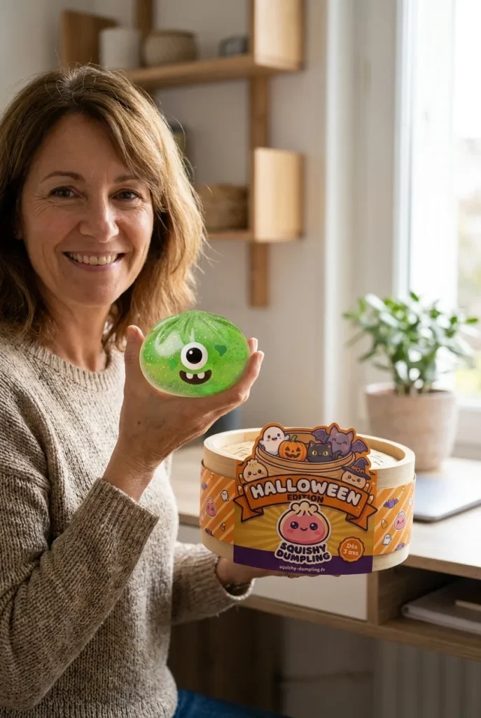 Squishy Dumpling Monstre Vert Halloween Glitter présenté avec sa boîte panier vapeur — photo client