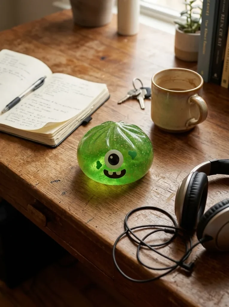 Squishy Dumpling Monstre Vert Halloween Glitter posé sur un bureau, dans le quotidien
