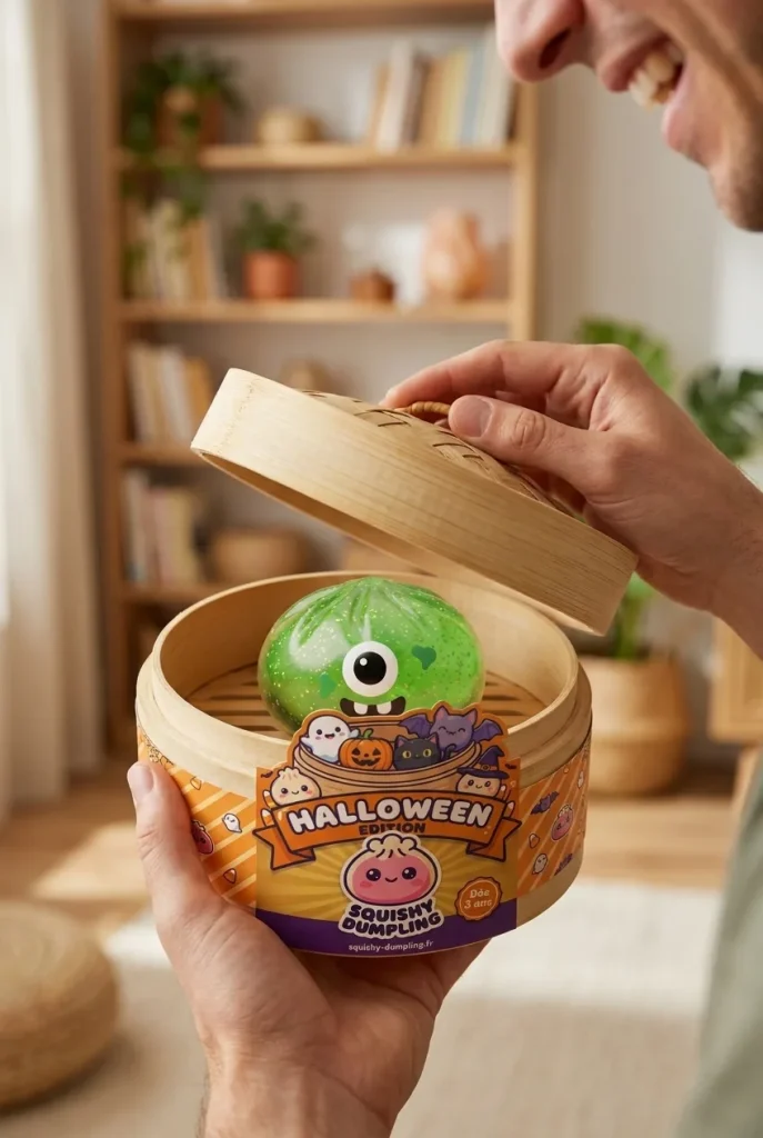 Déballage du Squishy Dumpling Monstre Vert Halloween Glitter — la boîte panier vapeur s'ouvre
