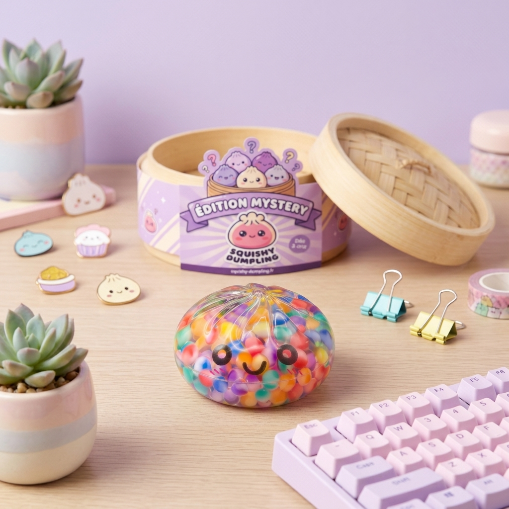 Mystery Dumpling Squishy Bulle Douce en ambiance sur un bureau