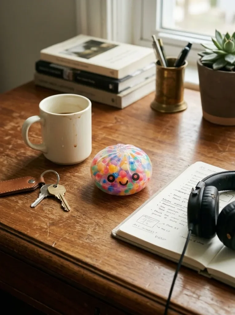 Mystery Dumpling Squishy Bulle Douce posé sur un bureau, dans le quotidien