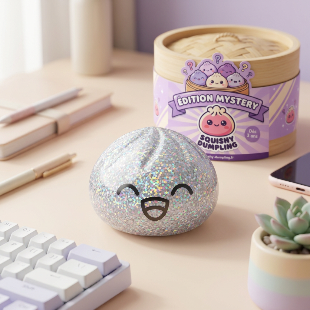 Rare Dumpling Squishy Mystère Collector en ambiance sur un bureau