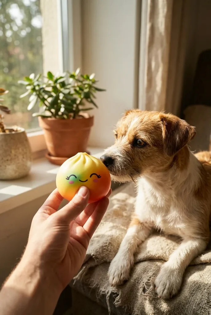 Rare Dumpling Squishy Mystère Collector tenu près d'un animal de compagnie curieux