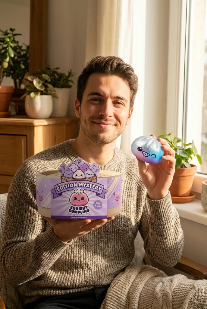 Rare Dumpling Squishy Mystère Collector présenté avec sa boîte panier vapeur — photo client
