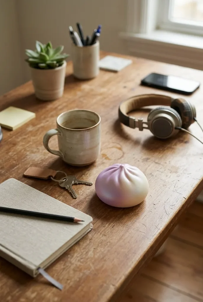 Rare Dumpling Squishy Mystère Collector posé sur un bureau, dans le quotidien