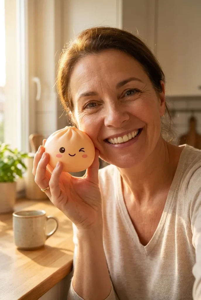 Rare Dumpling Squishy Mystère Collector tenu près du visage — photo client