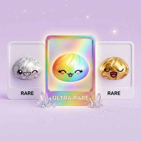 Rare Dumpling Squishy Mystère Collector — carte des raretés (commun, rare, ultra rare)