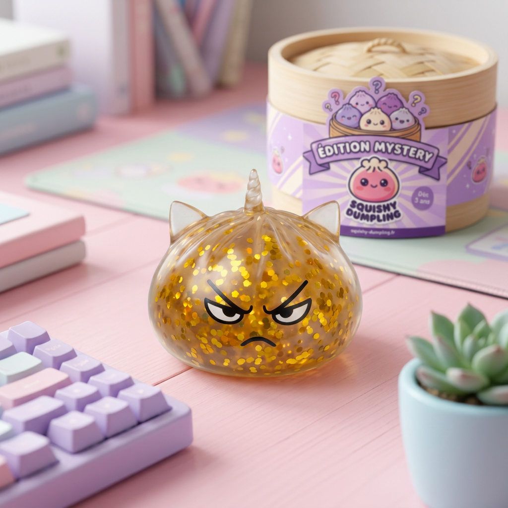 Glitter Dumpling Squishy Rare Licorne Magique en ambiance sur un bureau