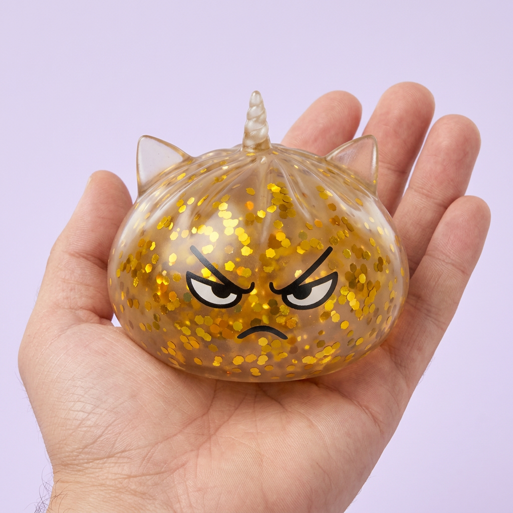 Glitter Dumpling Squishy Rare Licorne Magique tenu en main, taille réelle