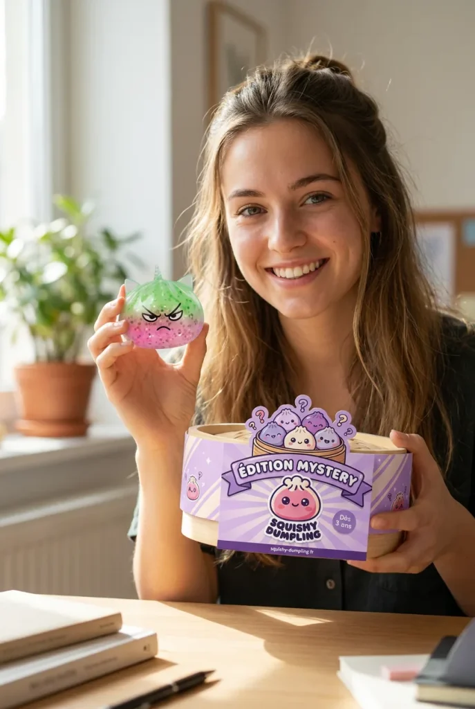 Glitter Dumpling Squishy Rare Licorne Magique présenté avec sa boîte panier vapeur — photo client