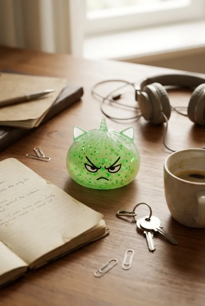 Glitter Dumpling Squishy Rare Licorne Magique posé sur un bureau, dans le quotidien