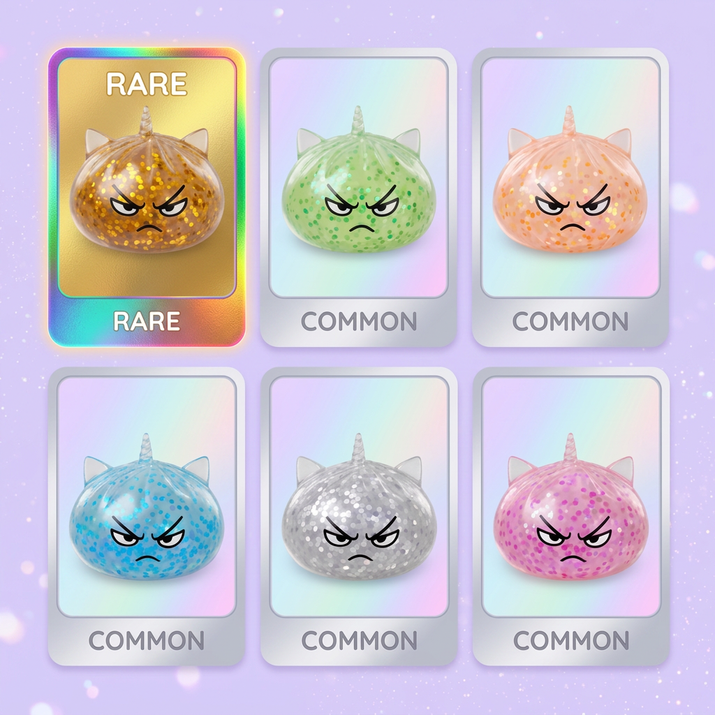 Glitter Dumpling Squishy Rare Licorne Magique — carte des raretés (commun, rare, ultra rare)