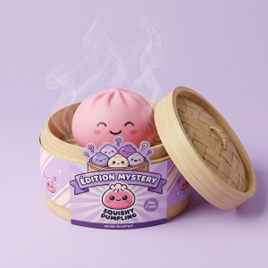 Mystery Dumpling Squishy Jouet Bulle dans sa boîte panier vapeur bambou