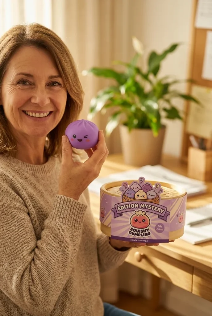 Mystery Dumpling Squishy Jouet Bulle présenté avec sa boîte panier vapeur — photo client