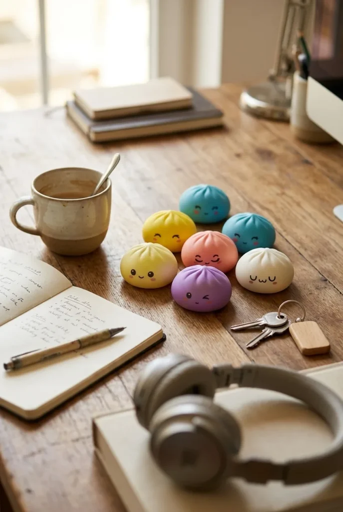 Mystery Dumpling Squishy Jouet Bulle posé sur un bureau, dans le quotidien