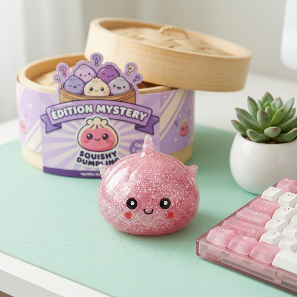 Mystery Dumpling Squishy Glitter Licorne en ambiance sur un bureau