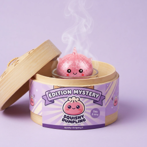 Mystery Dumpling Squishy Glitter Licorne dans sa boîte panier vapeur bambou