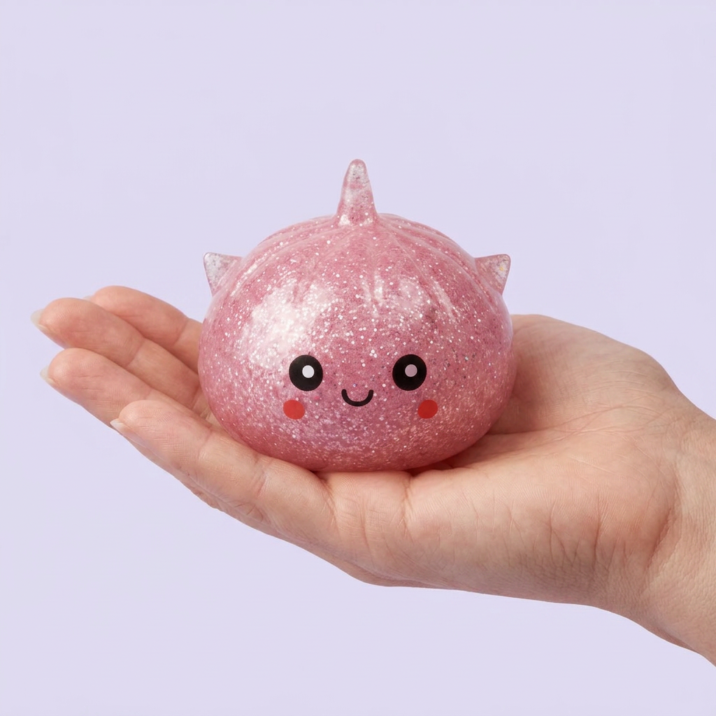 Mystery Dumpling Squishy Glitter Licorne tenu en main, taille réelle