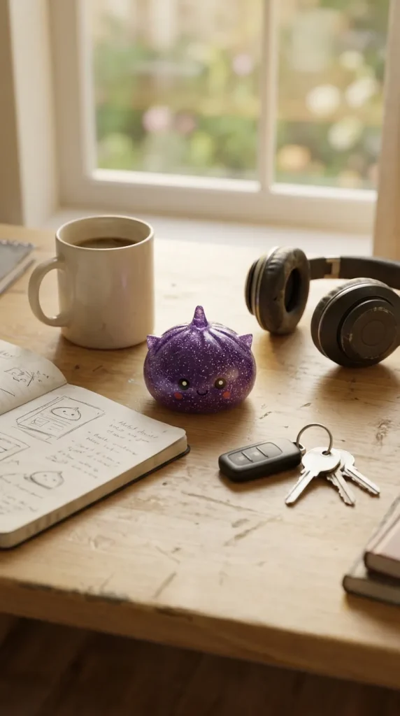 Mystery Dumpling Squishy Glitter Licorne posé sur un bureau, dans le quotidien