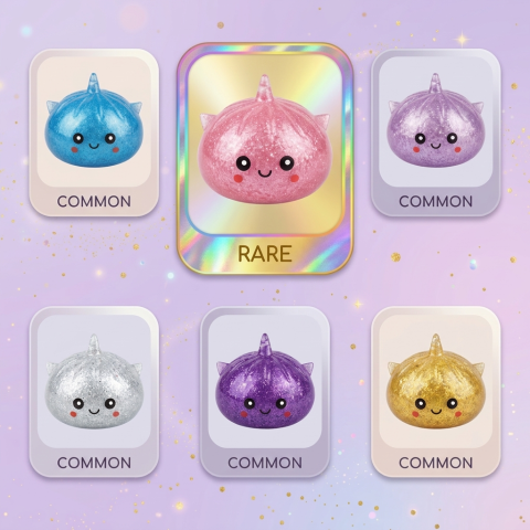 Mystery Dumpling Squishy Glitter Licorne — carte des raretés (commun, rare, ultra rare)