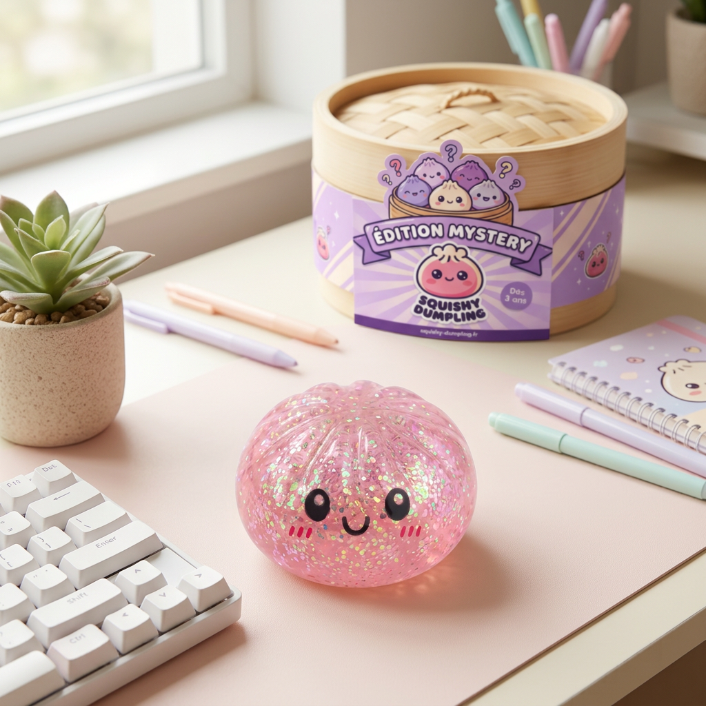 Mystery Dumplings Squishy Glitter Surprise en ambiance sur un bureau