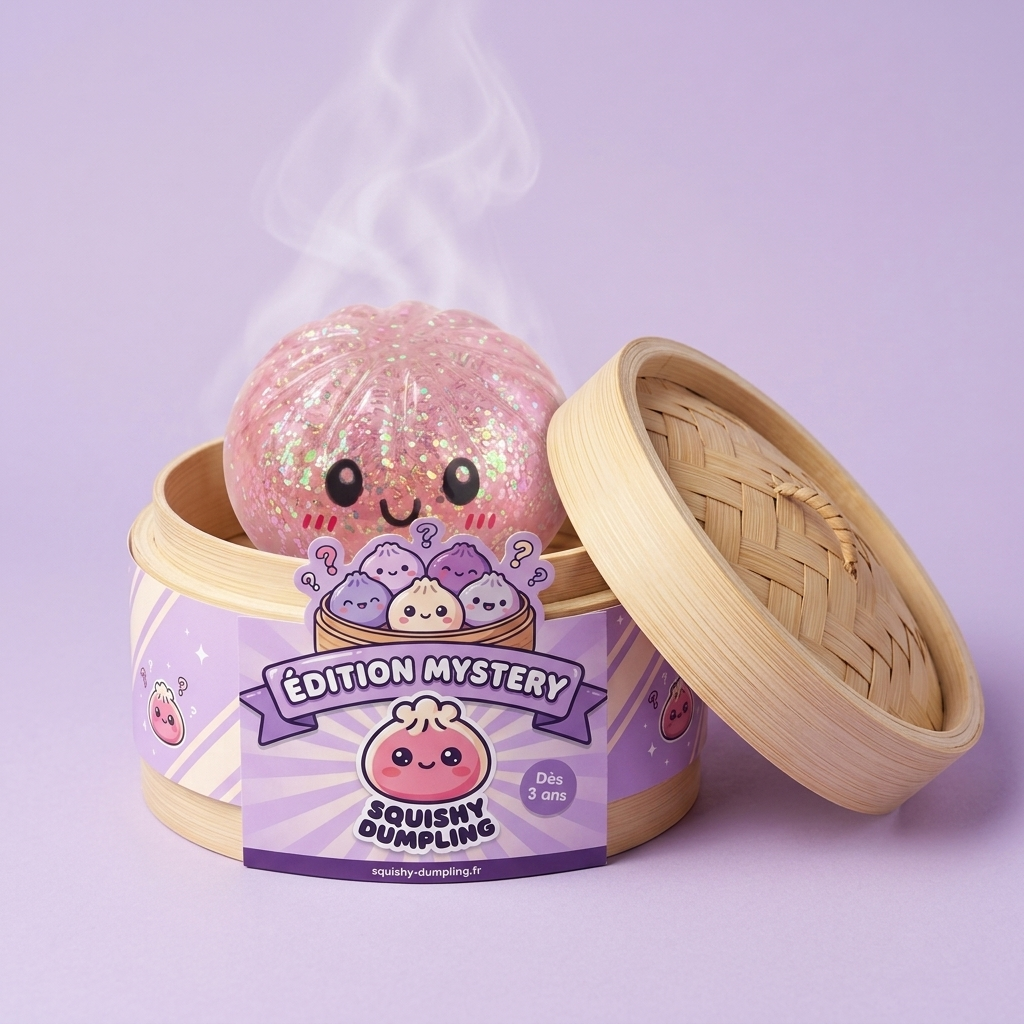Mystery Dumplings Squishy Glitter Surprise dans sa boîte panier vapeur bambou