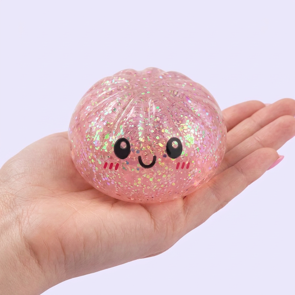 Mystery Dumplings Squishy Glitter Surprise tenu en main, taille réelle