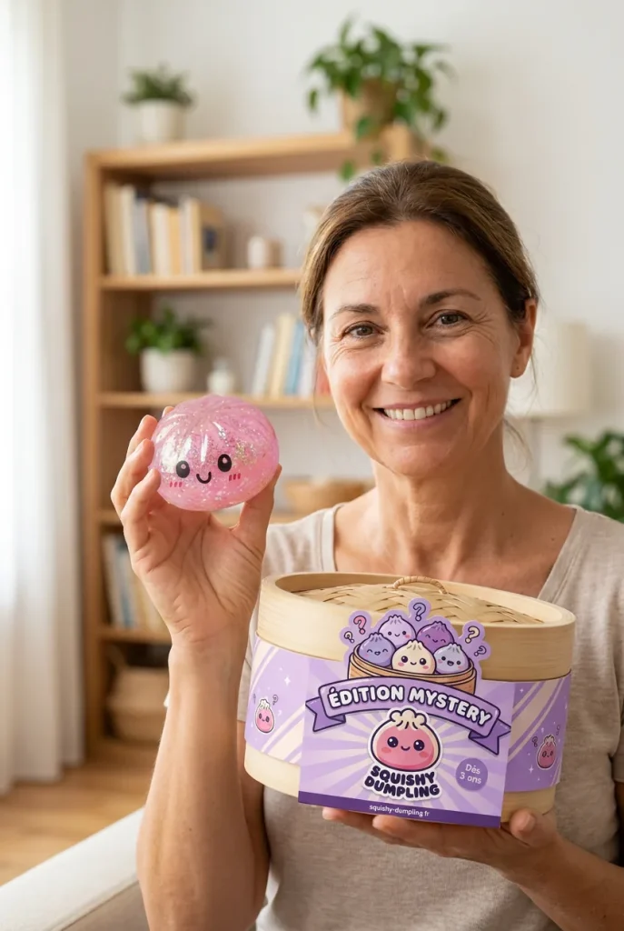 Mystery Dumplings Squishy Glitter Surprise présenté avec sa boîte panier vapeur — photo client
