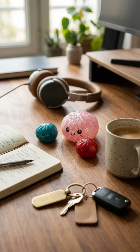 Mystery Dumplings Squishy Glitter Surprise posé sur un bureau, dans le quotidien