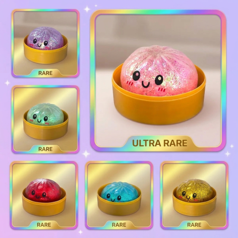 Mystery Dumplings Squishy Glitter Surprise — carte des raretés (commun, rare, ultra rare)