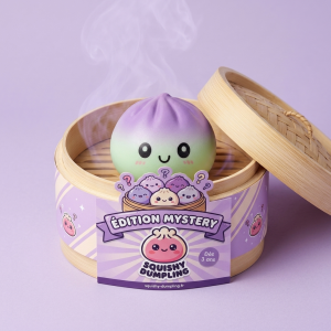 Dumpling Squishy Ombre Mystery Fade dans sa boîte panier vapeur façon bambou