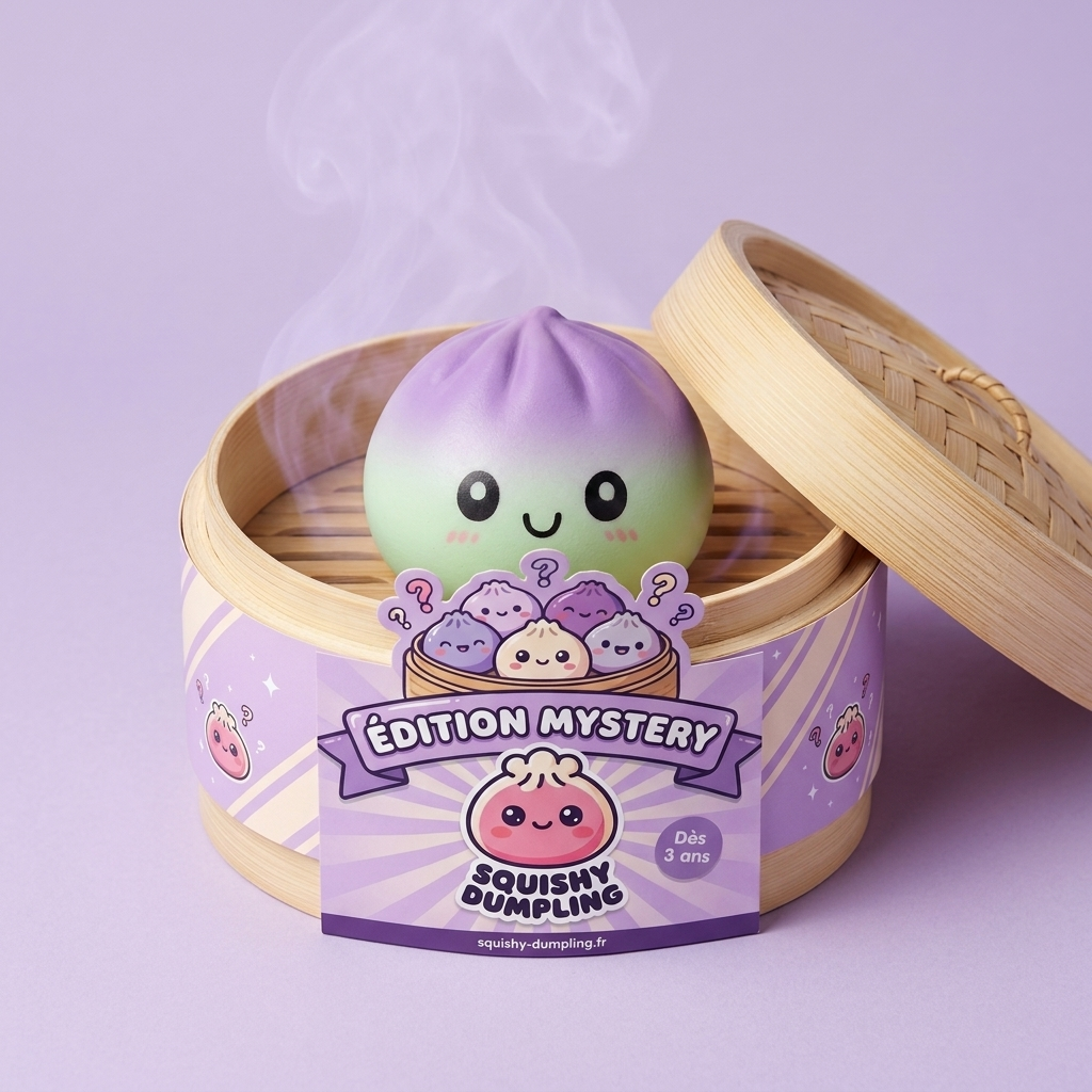 Dumpling Squishy Ombre Mystery Fade dans sa boîte panier vapeur bambou