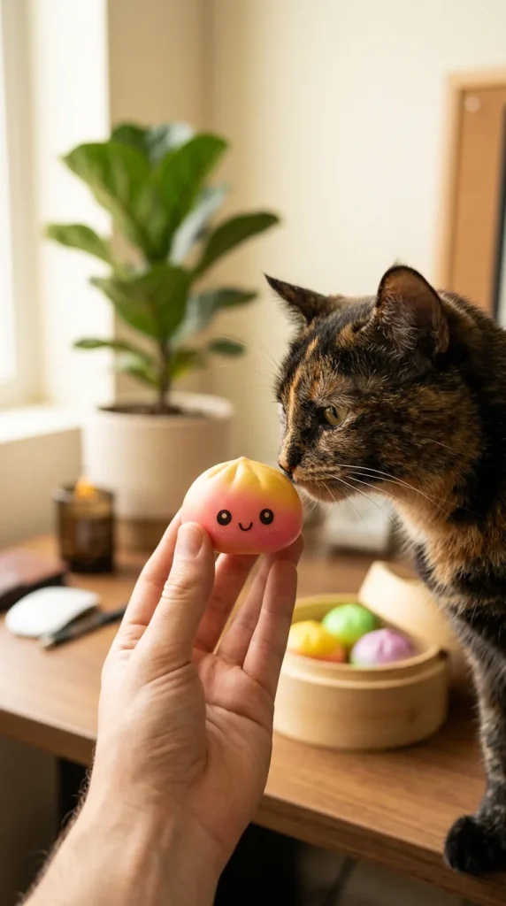 Dumpling Squishy Ombre Mystery Fade tenu près d'un animal de compagnie curieux
