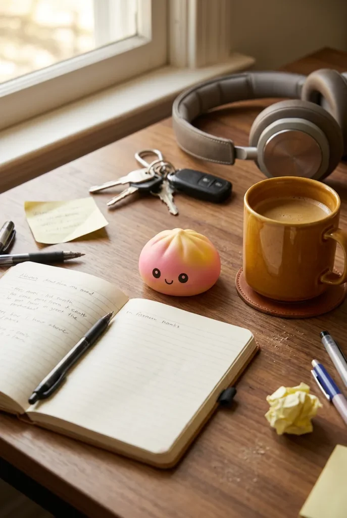 Dumpling Squishy Ombre Mystery Fade posé sur un bureau, dans le quotidien