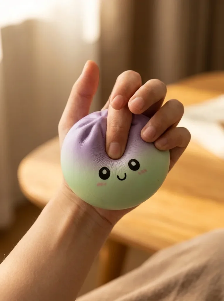Dumpling Squishy Ombre Mystery Fade pressé dans la main — effet squishy slow-rise