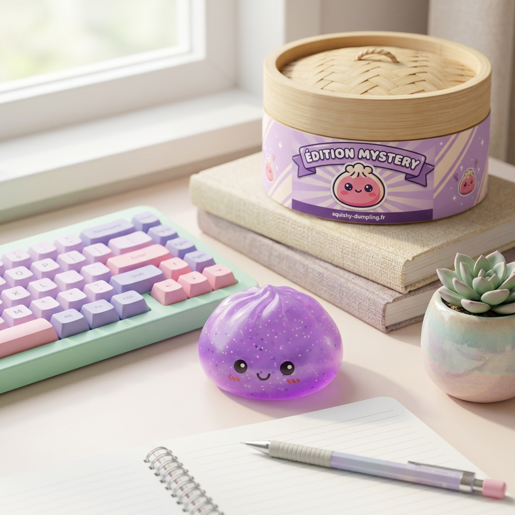 Dumpling Squishy Mystery Glow In Dark Glitter en ambiance sur un bureau