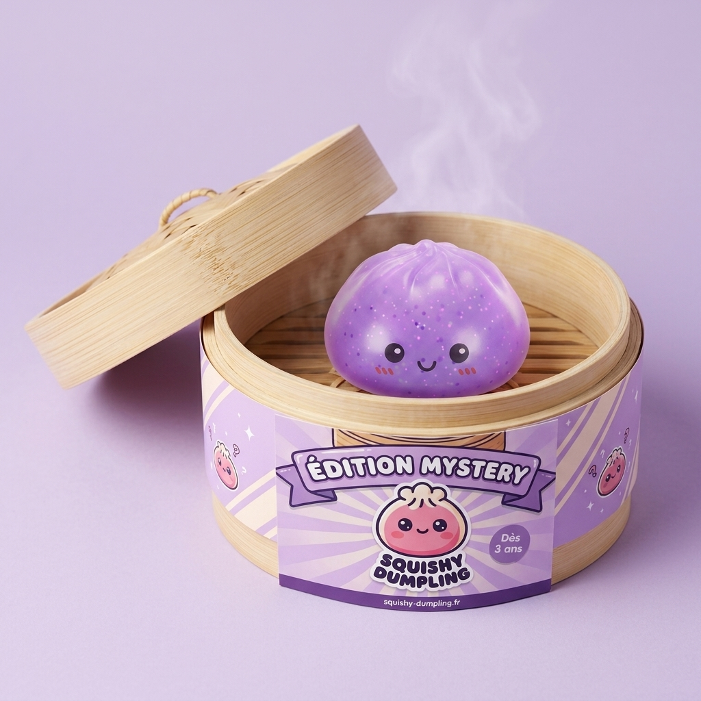 Dumpling Squishy Mystery Glow In Dark Glitter dans sa boîte panier vapeur bambou