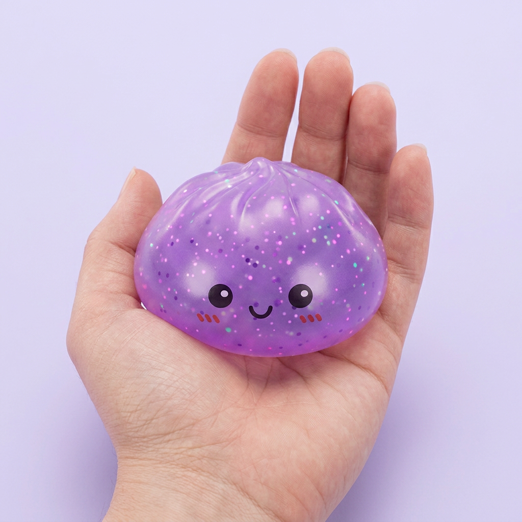 Dumpling Squishy Mystery Glow In Dark Glitter tenu en main, taille réelle
