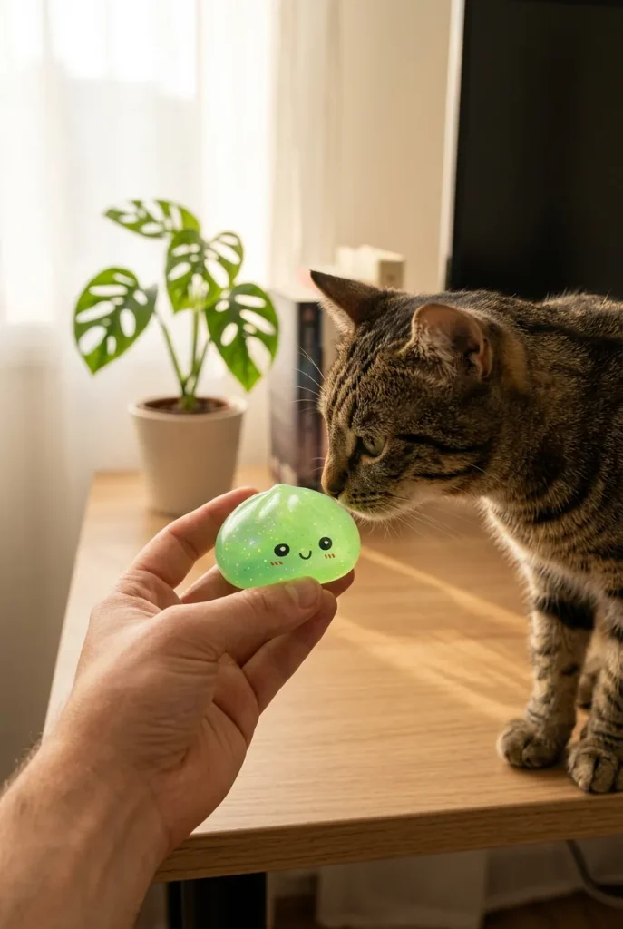 Dumpling Squishy Mystery Glow In Dark Glitter tenu près d'un animal de compagnie curieux