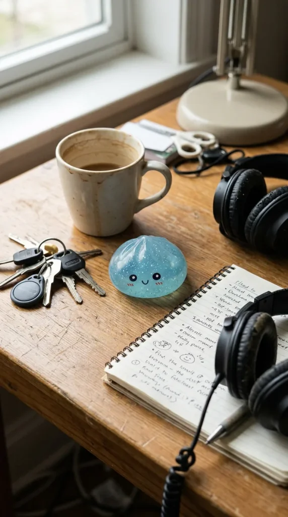 Dumpling Squishy Mystery Glow In Dark Glitter posé sur un bureau, dans le quotidien
