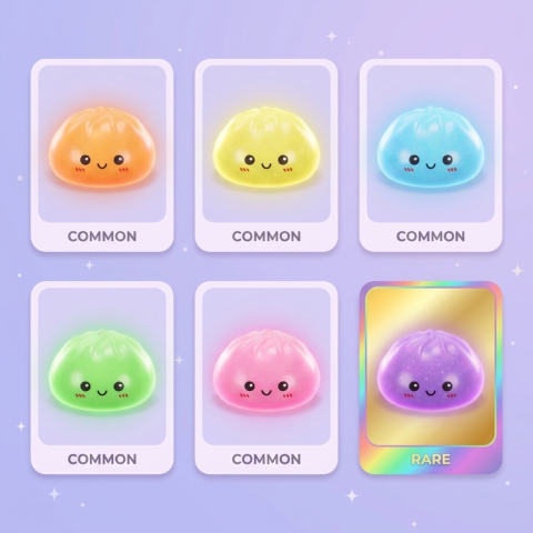 Dumpling Squishy Mystery Glow In Dark Glitter — carte des raretés (commun, rare, ultra rare)