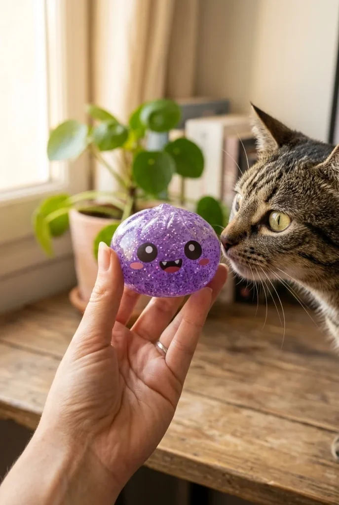 Squishy Dumpling Mystery Halloween tenu près d'un animal de compagnie curieux